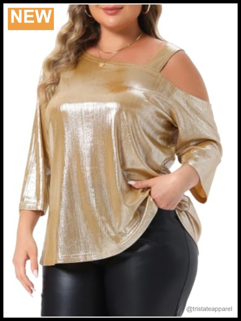 Women's Plus Size Metallic One Shoulder 3/4 Sleeve Sparkle Blouse Top